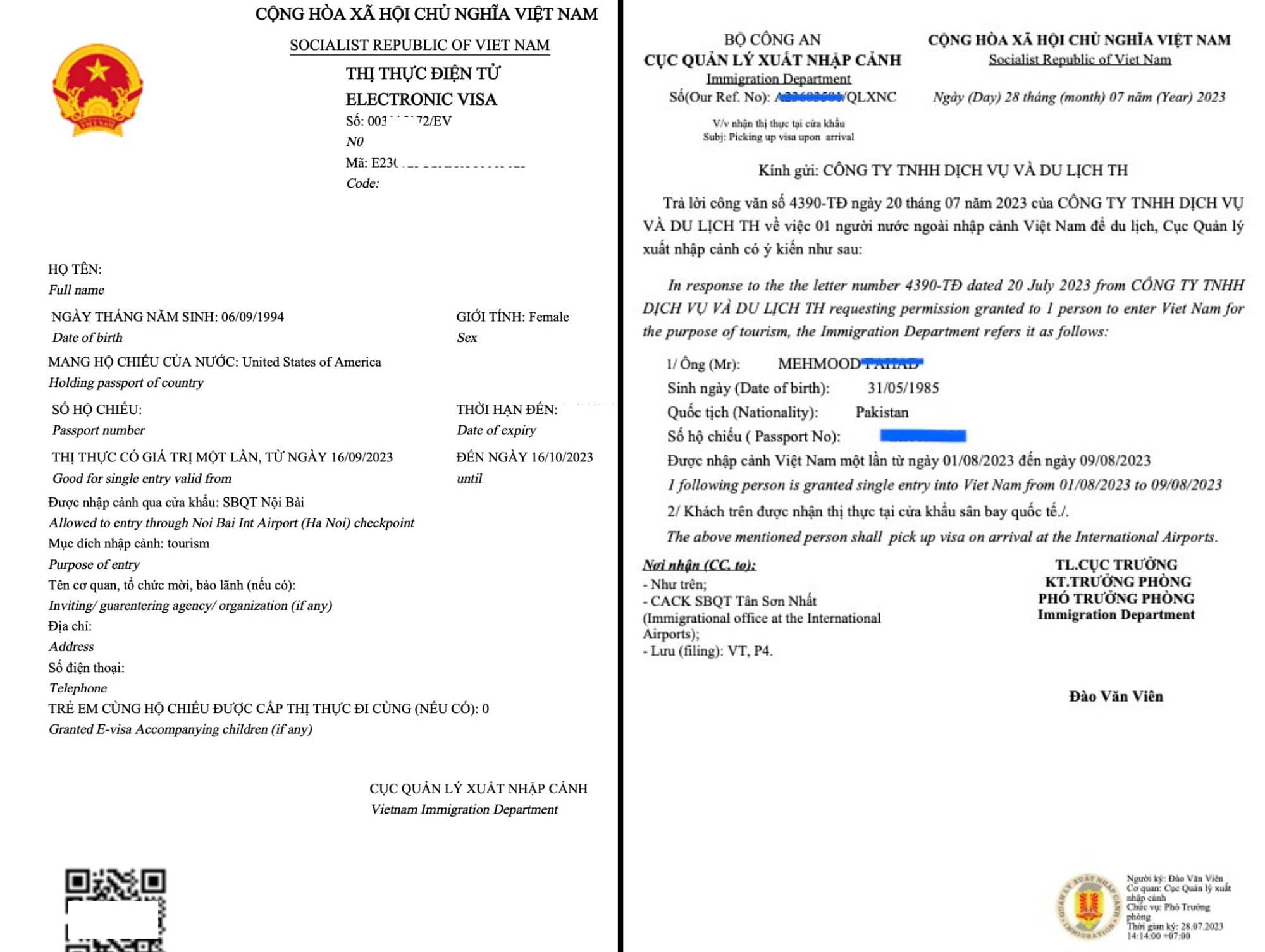 Vietnam Visa Approval Letter sample