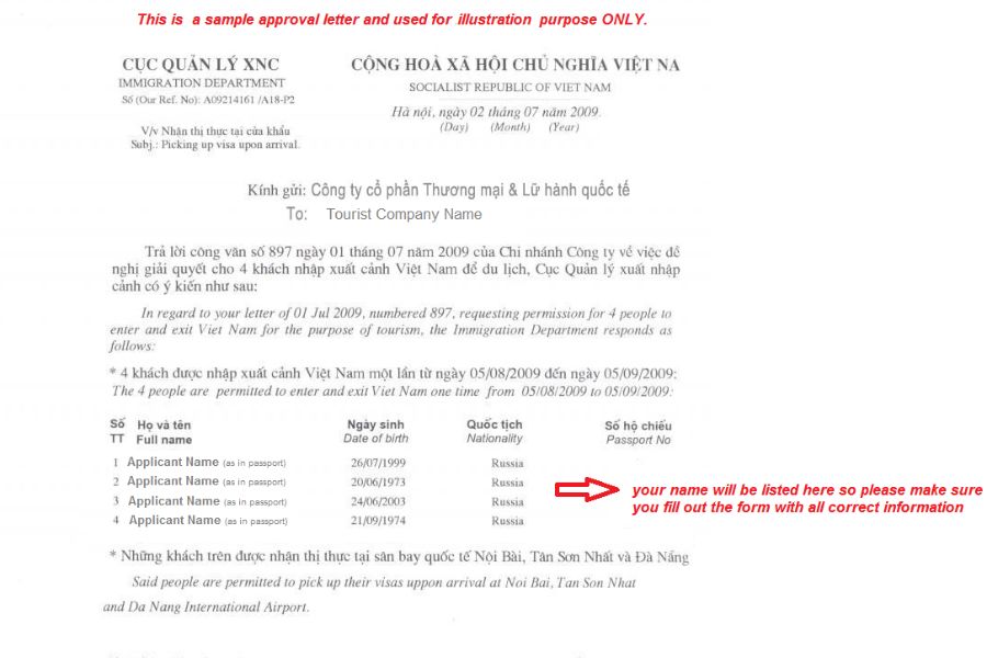 a sample of vietnam visa approve letter